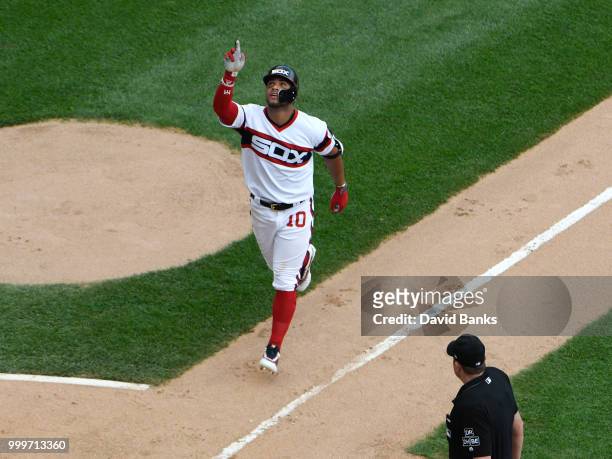 Yoan Moncada of the Chicago White Sox reacts after hitting a home run against the Kansas City Royals during the fifth inning on July 15, 2018 at...
