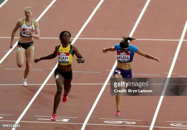Shericka Jackson of Jamaica crosses the line ahead of Jenna Prandini of the USA to win the Women's 200m during day two of the Athletics World Cup...