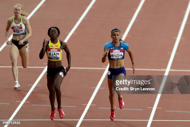 Shericka Jackson of Jamaica crosses the line ahead of Jenna Prandini of the USA to win the Women's 200m during day two of the Athletics World Cup...