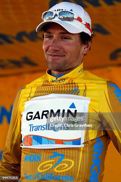 David Zabriskie of Garmin-Transitions celebrates after getting the yellow leader's jersey after winning the the third stage during the Tour of...