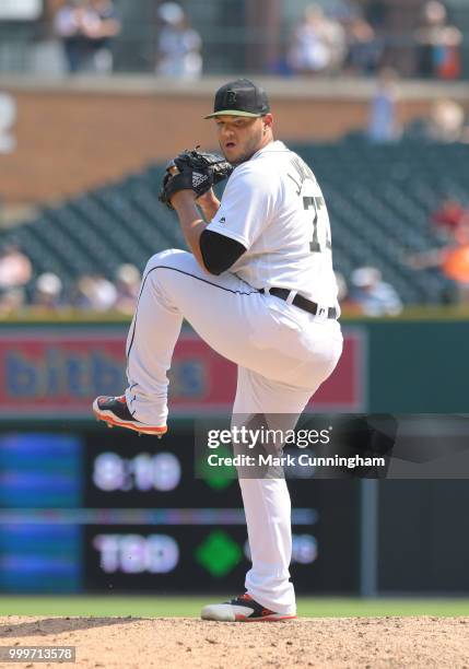Joe Jimenez of the Detroit Tigers pitches while wearing a special jersey, shoes and hat to honor Memorial Day during the game against the Los Angeles...