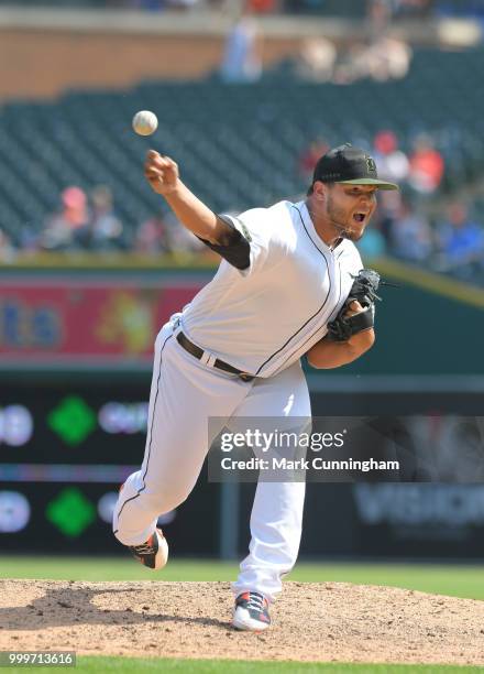 Joe Jimenez of the Detroit Tigers pitches while wearing a special jersey, shoes and hat to honor Memorial Day during the game against the Los Angeles...