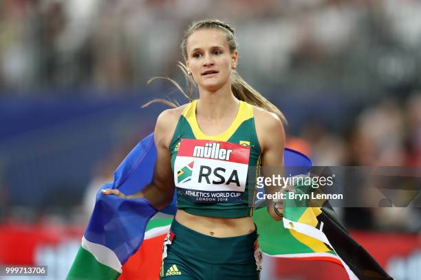 Rikenette Steenkamp of South Africa celebrates winning the Women's 100m Hurdles during day two of the Athletics World Cup London at the London...
