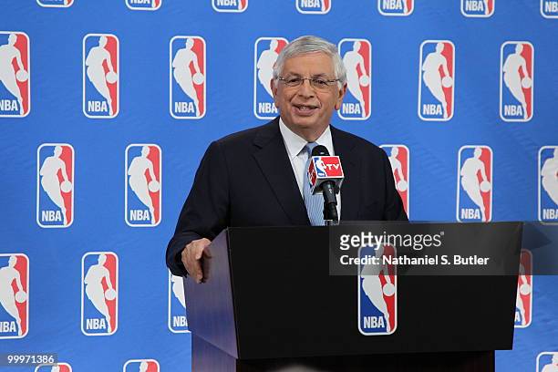 Commissioner David Stern speaks to the media prior to the 2010 NBA Draft Lottery at the Studios at NBA Entertainment on May 18, 2010 in Secaucus, New...