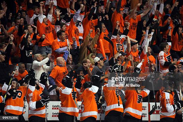 The Philadelphia Flyers bench and fans celebrate after the second period goal by Simon Gagne against the Montreal Canadiens in Game 2 of the Eastern...