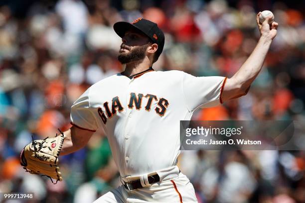 Andrew Suarez of the San Francisco Giants pitches against the Oakland Athletics during the first inning at AT&T Park on July 15, 2018 in San...