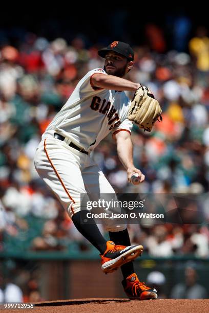 Andrew Suarez of the San Francisco Giants pitches against the Oakland Athletics during the first inning at AT&T Park on July 15, 2018 in San...