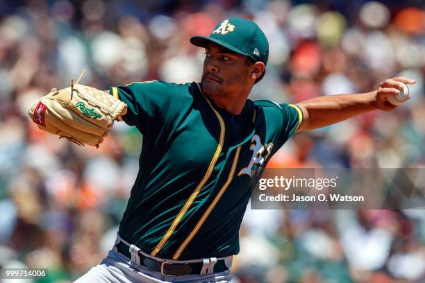 Sean Manaea of the Oakland Athletics pitches against the San Francisco Giants during the first inning at AT&T Park on July 15, 2018 in San Francisco,...