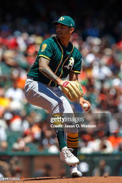 Sean Manaea of the Oakland Athletics pitches against the San Francisco Giants during the first inning at AT&T Park on July 15, 2018 in San Francisco,...