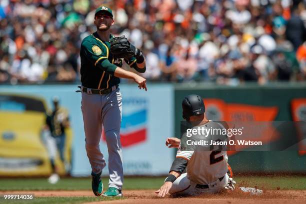 Jed Lowrie of the Oakland Athletics completes a double play over Chase d'Arnaud of the San Francisco Giants during the first inning at AT&T Park on...