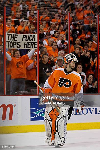 Michael Leighton of the Philadelphia Flyers looks during a break in play against the Montreal Canadiens in Game 2 of the Eastern Conference Finals...