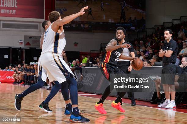 Daryl Macon of the Miami Heat handles the ball against the New Orleans Pelicans during the 2018 Las Vegas Summer League on July 12, 2018 at the Cox...