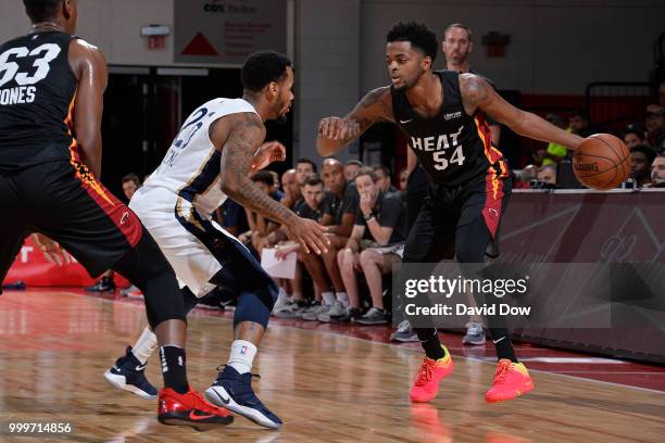 Daryl Macon of the Miami Heat handles the ball against the New Orleans Pelicans during the 2018 Las Vegas Summer League on July 12, 2018 at the Cox...