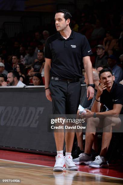 Coach Eric Glass of the Miami Heat looks on during the game against the New Orleans Pelicans during the 2018 Las Vegas Summer League on July 12, 2018...