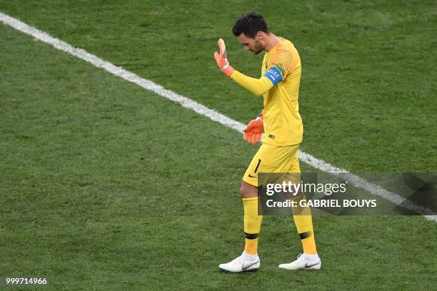 France's goalkeeper Hugo Lloris reacts during the Russia 2018 World Cup final football match between France and Croatia at the Luzhniki Stadium in...