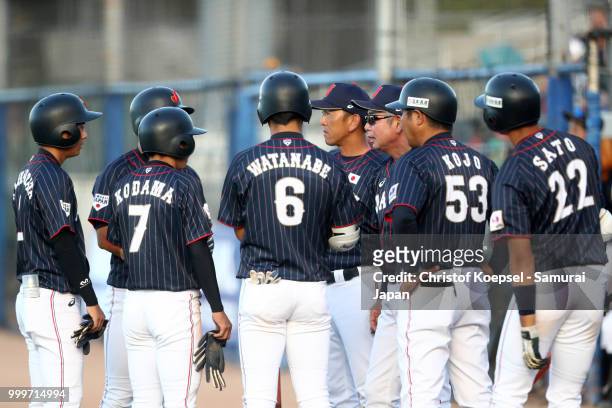 Manager Tsutomu Ikuta of Japan speaks to his team during the Haarlem Baseball Week game between Cuba and Japan at Pim Mulier Stadion on July 15, 2018...