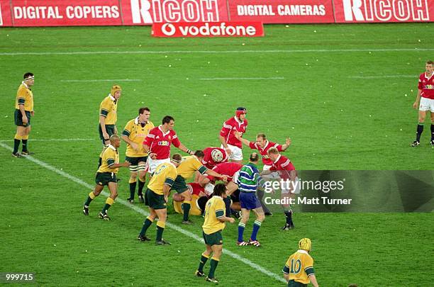 General action during the third Test Match between the Australian Wallabies and the British and Irish Lions played at Stadium Australia, Sydney,...