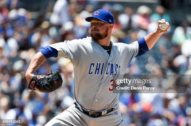 Jon Lester of the Chicago Cubs pitches during the first inning of a baseball game against the San Diego Padres at PETCO Park on July 15, 2018 in San...