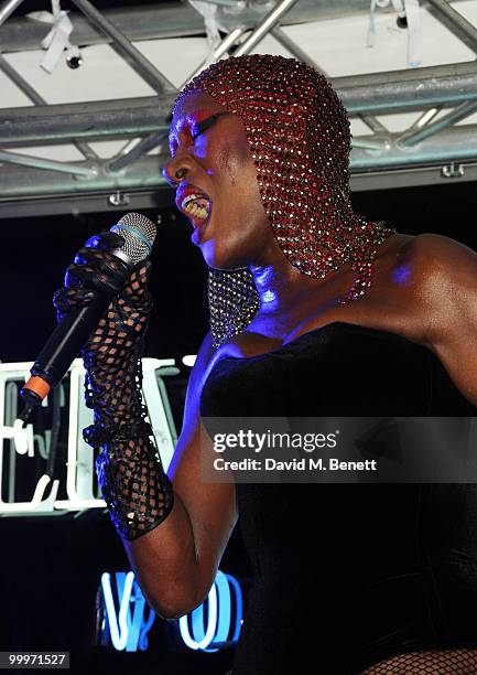 Grace Jones performs on stage during the Belvedere Vodka Party in Cannes, at Le Baron, Hotel 3.14 on May 18, 2010 in Cannes, France.