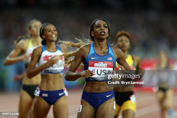 Raevyn Rogers of the USA crosses the line to win the Women's 800m during day two of the Athletics World Cup London at the London Stadium on July 15,...