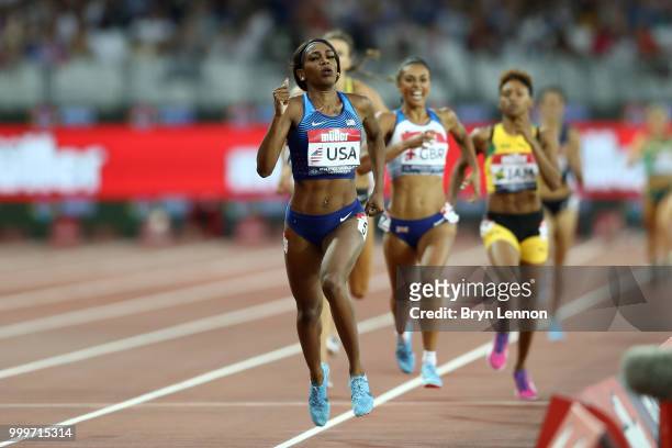 Raevyn Rogers of the USA crosses the line to win the Women's 800m during day two of the Athletics World Cup London at the London Stadium on July 15,...
