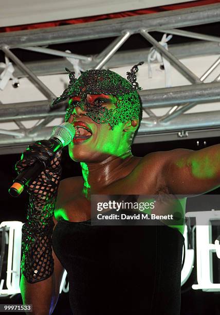 Grace Jones performs on stage during the Belvedere Vodka Party in Cannes, at Le Baron, Hotel 3.14 on May 18, 2010 in Cannes, France.
