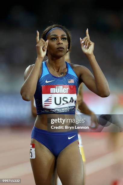 Raevyn Rogers of the USA celebrates winning the Women's 800m during day two of the Athletics World Cup London at the London Stadium on July 15, 2018...
