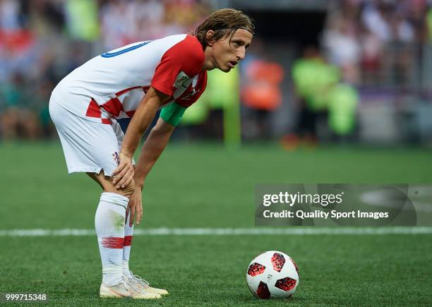 Luka Modric of Croatia looks on during the 2018 FIFA World Cup Russia Final between France and Croatia at Luzhniki Stadium on July 15, 2018 in...