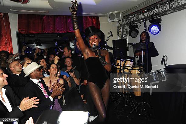 Grace Jones performs on stage during the Belvedere Vodka Party in Cannes, at Le Baron, Hotel 3.14 on May 18, 2010 in Cannes, France.