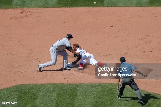 Cleveland Indians third baseman Jose Ramirez steals second base as the throw from New York Yankees catcher Kyle Higashioka goes into center field for...