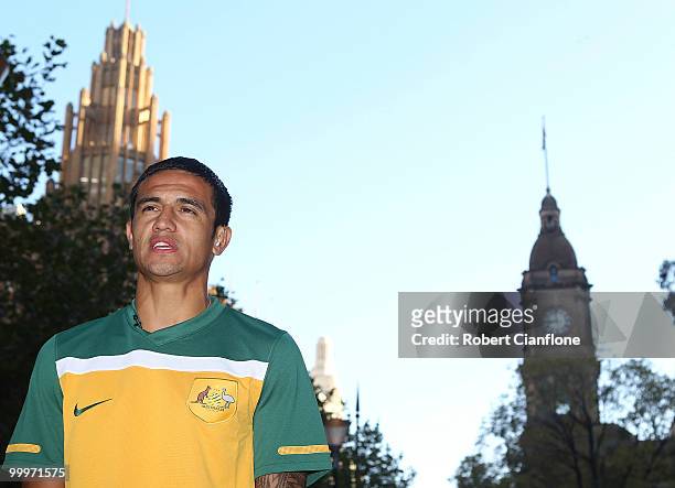 Tim Cahill of Australia talks to the media at the farewell to the Socceroos fan breakfast at the City Square on May 19, 2010 in Melbourne, Australia.