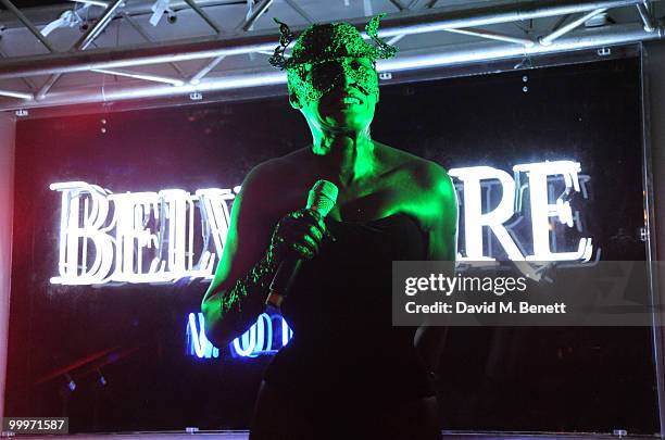 Grace Jones performs on stage during the Belvedere Vodka Party in Cannes, at Le Baron, Hotel 3.14 on May 18, 2010 in Cannes, France.