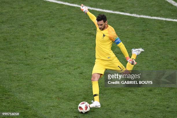 France's goalkeeper Hugo Lloris kicks the ball during the Russia 2018 World Cup final football match between France and Croatia at the Luzhniki...