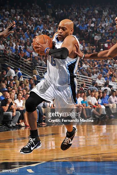 Vince Carter of the Orlando Magic drives against the Boston Celtics in Game Two of the Eastern Conference Finals during the 2010 NBA Playoffs on May...