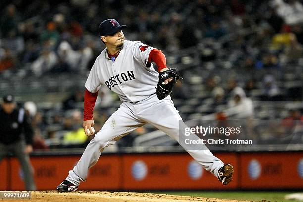 Josh Beckett of the Boston Red Sox pitches against the New York Yankees on May 18, 2010 at Yankee Stadium in the Bronx borough of New York City.