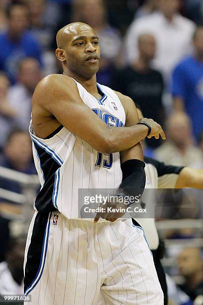 Vince Carter of the Orlando Magic reacts against the Boston Celtics in Game Two of the Eastern Conference Finals during the 2010 NBA Playoffs at...