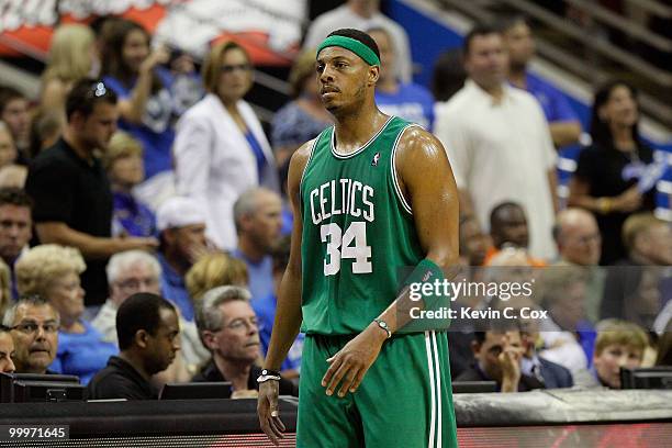 Paul Pierce of the Boston Celtics walks towards the bench in the first quarter against the Orlando Magic in Game Two of the Eastern Conference Finals...