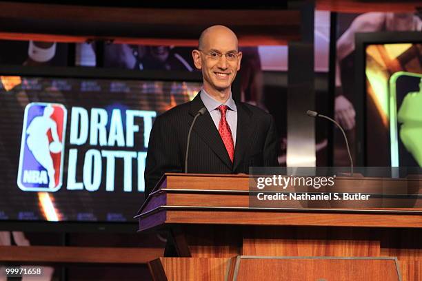 Deputy Commissioner Adam Silver addresses the audience during the 2010 NBA Draft Lottery at the Studios at NBA Entertainment on May 18, 2010 in...