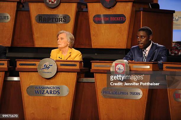 Irene Pollin, owner of the Washingto Wizards and Jrue Holiday of the Philadelphia 76ers look on during the 2010 NBA Draft Lottery at the Studios at...