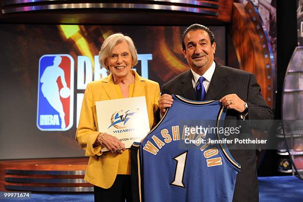 Owner Irene Pollin and minority owner Ted Leonsis of the Washington Wizards pose during the 2010 NBA Draft Lottery at the Studios at NBA...