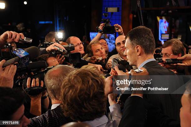 New Jersey Nets owner Mikhail Prokhorov speaks to the media during the 2010 NBA Draft Lottery at the Studios at NBA Entertainment on May 18, 2010 in...