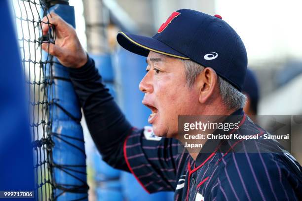 Manager Tsutomu Ikuta of Japan shouts at his team during the Haarlem Baseball Week game between Cuba and Japan at Pim Mulier Stadion on July 15, 2018...