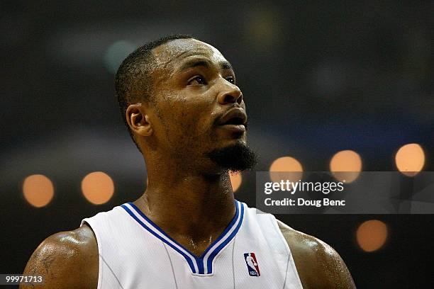 Rashard Lewis of the Orlando Magic looks on against the Boston Celtics in Game Two of the Eastern Conference Finals during the 2010 NBA Playoffs at...