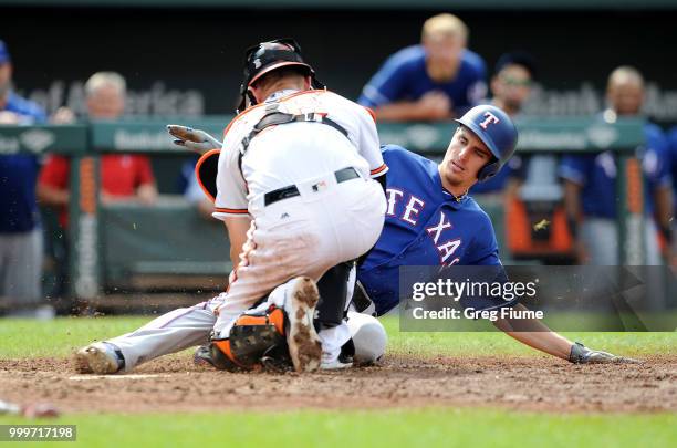 Carlos Tocci of the Texas Rangers is tagged out at home plate in the ninth inning to end the game by Caleb Joseph of the Baltimore Orioles at Oriole...