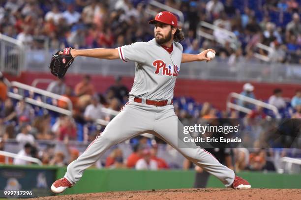 Austin Davis of the Philadelphia Phillies throws a pitch during the eighth inning against the Miami Marlins at Marlins Park on July 15, 2018 in...