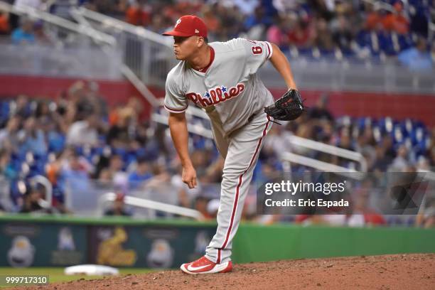 Victor Arano of the Philadelphia Phillies throws a pitch during the eighth inning against the Miami Marlins at Marlins Park on July 15, 2018 in...