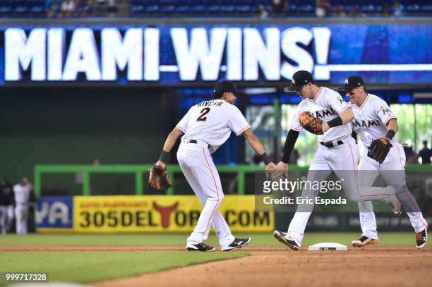 Yadiel Rivera of the Miami Marlins congratulates Brian Anderson after defeating the Philadelphia Phillies at Marlins Park on July 15, 2018 in Miami,...
