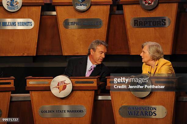 General Manager Larry Riley of the Golden State Warriors speaks to Irene Pollin, owner of the Washington Wizards during the 2010 NBA Draft Lottery at...