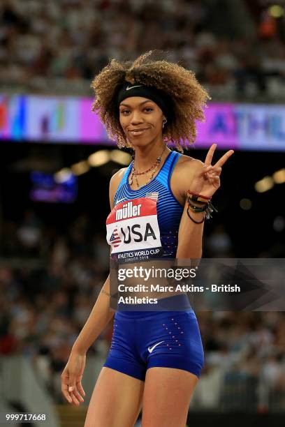 Vashti Cunningham of the USA celebrates victory in the Women's High Jump day two of the Athletics World Cup London at the London Stadium on July 15,...