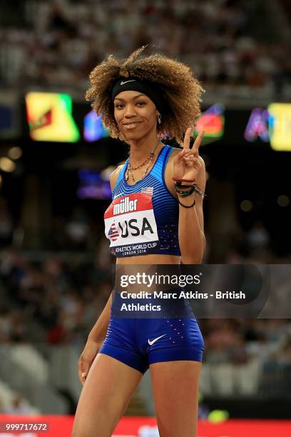 Vashti Cunningham of the USA celebrates victory in the Women's High Jump day two of the Athletics World Cup London at the London Stadium on July 15,...